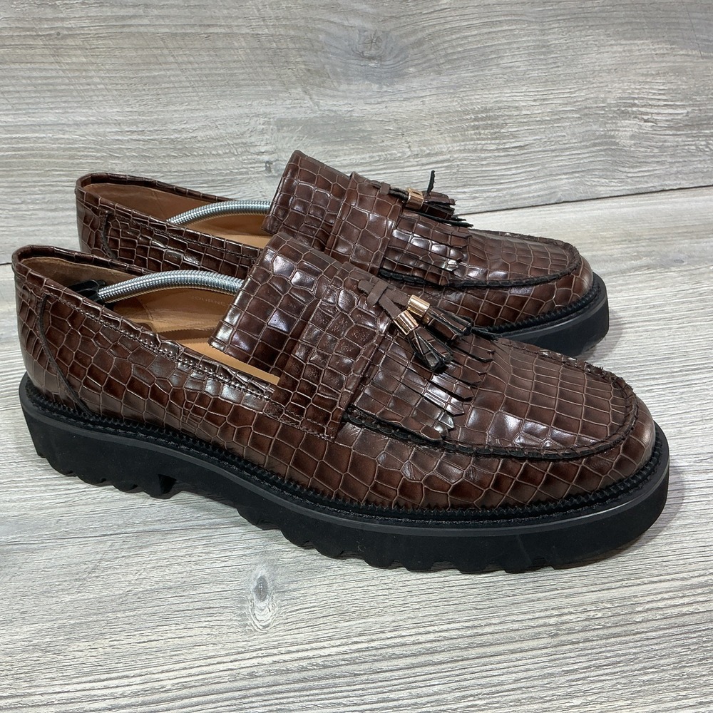 Marc Nolan Journey Croco Embossed Brown Sheepskin Lug Tassel Loafer Kiltie US 15